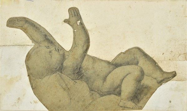 Anonimo, XVII sec. : Studio del Bambino (da Raffaello, La Madonna del velo)  - Matita su carta (ritagliata, riportata su carta) - Asta ANTIQUARIATO - I - Galleria Pananti Casa d'Aste