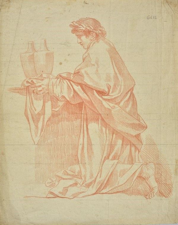 Scuola Italia Settentrionale, XVIII - XIX sec. : Graduated figure kneeling  - Sanguine on paper - Auction ANTIQUES - I - Galleria Pananti Casa d'Aste