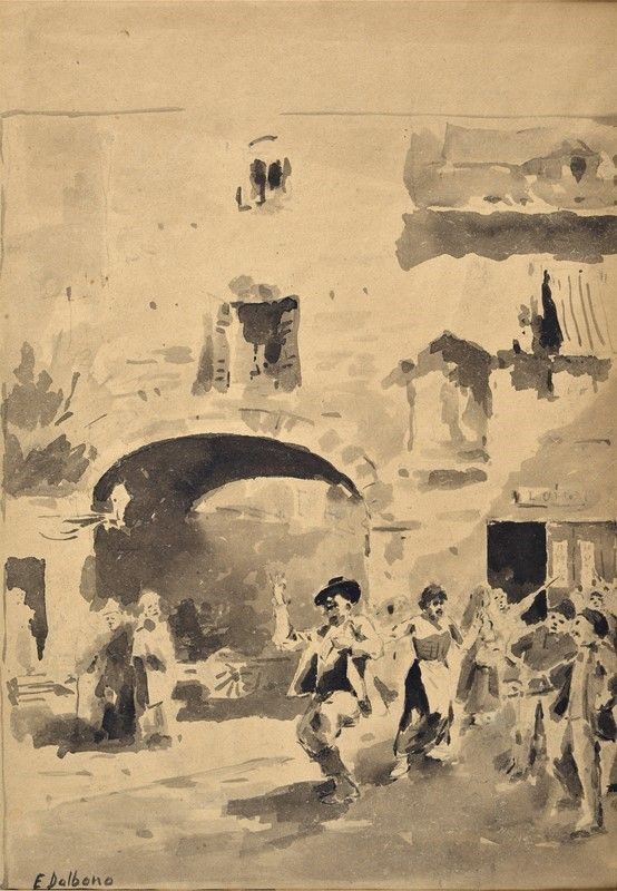 Anonimo, XIX sec. : Festa paesana  - Inchiostro e inchiostro acquerellato su carta - Asta Da una Collezione Milanese - Galleria Pananti Casa d'Aste