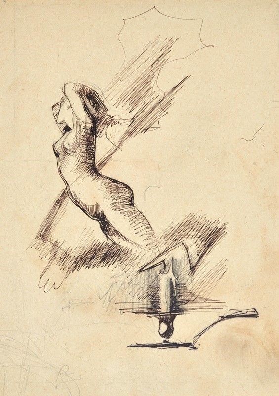 Attr. a Aleardo Villa : Studio di nudo  - Inchiostro su carta - Asta Da un Collezionista Lombardo - Galleria Pananti Casa d'Aste