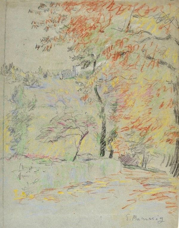 Piero Marussig - Strada con alberi (fronte), Paesaggio (retro)