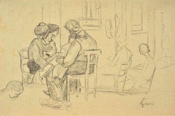 Anonimo, XIX sec. : Conversazione all'aperto  - Matita su carta  - Auction From a Milanese collection - Galleria Pananti Casa d'Aste