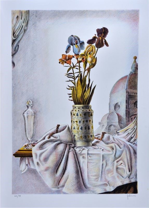 Walter Falconi : Still life with vase of flowers  - Lithography - Auction GRAPHICS,  [..]