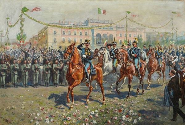 Vincenzo Caiani : Vittorio Emanuele a Milano  (1915)  - Tempera su carta riportata su cartone - Asta Armi antiche e Militaria - Galleria Pananti Casa d'Aste