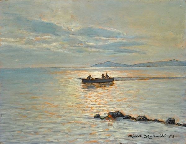 Gino Romiti - Marina con barca e pescatori