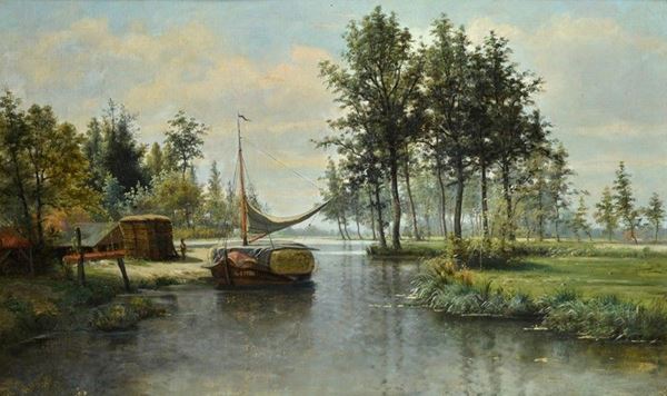 Attr. a Charles-Fran&#231;ois Daubigny - Barcone sul fiume