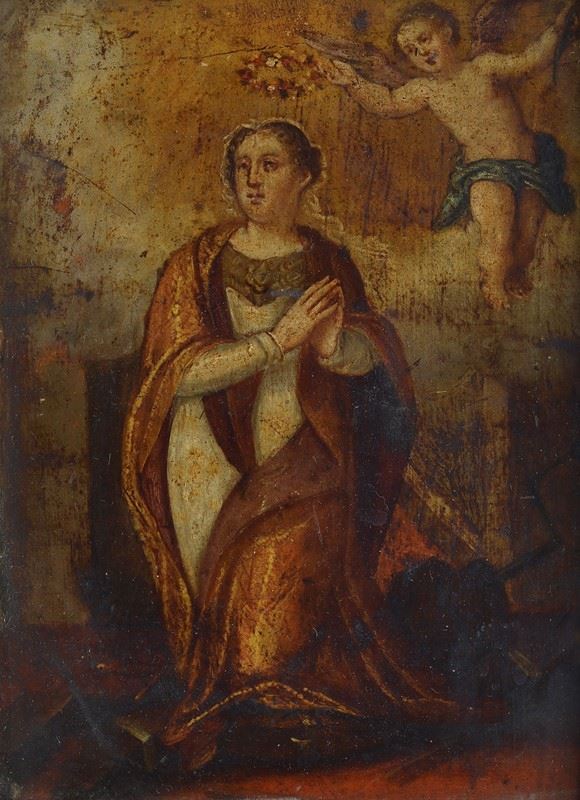 Anonimo, XVII Sec. - Santa in Preghiera Incoronata da un Angelo