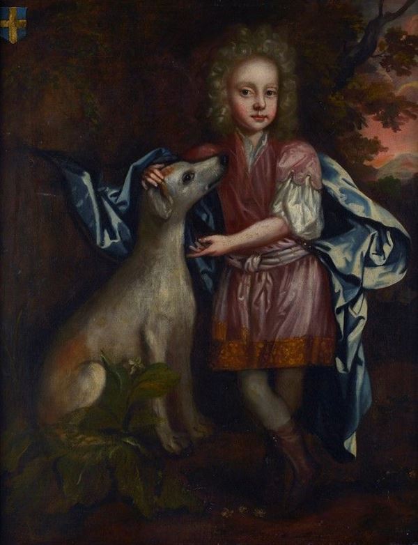 Scuola Europea, XVIII sec. - Ritratto di giovane nobile con cane e stemma 