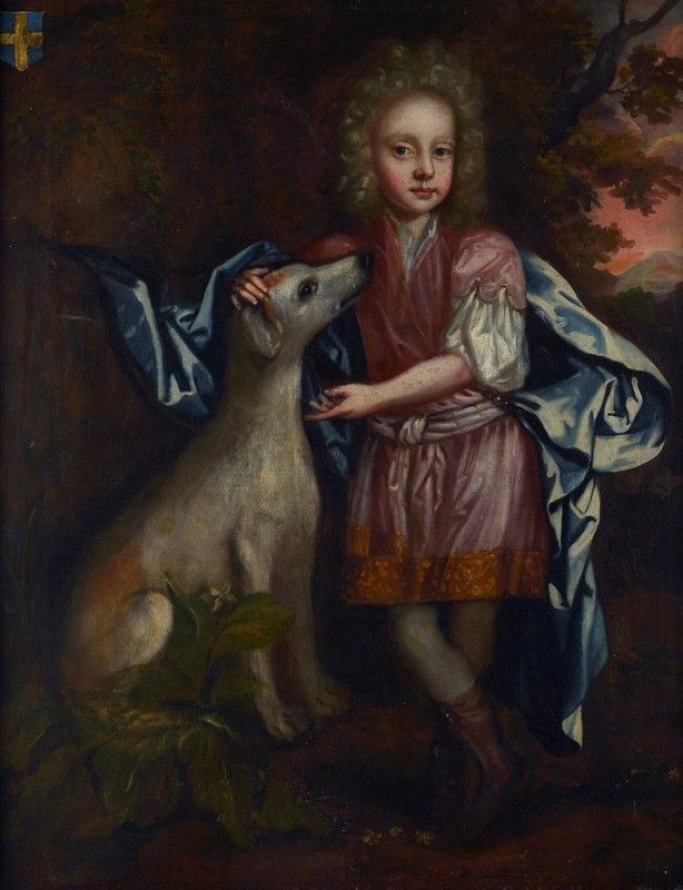 Scuola Europea, XVIII Sec. - Ritratto di Giovane Nobile con Cane e Stemma