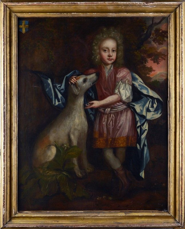 Scuola Europea, XVIII Sec. - Ritratto di Giovane Nobile con Cane e Stemma