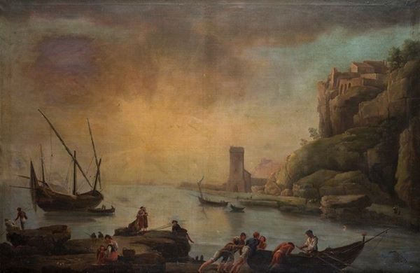 Scuola Italia Centrale, XVIII - XIX sec. - Paesaggio con porto e figure