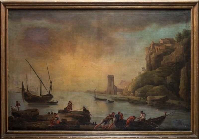 Scuola Italia Centrale, XVIII - XIX Sec. - Paesaggio con Porto e Figure