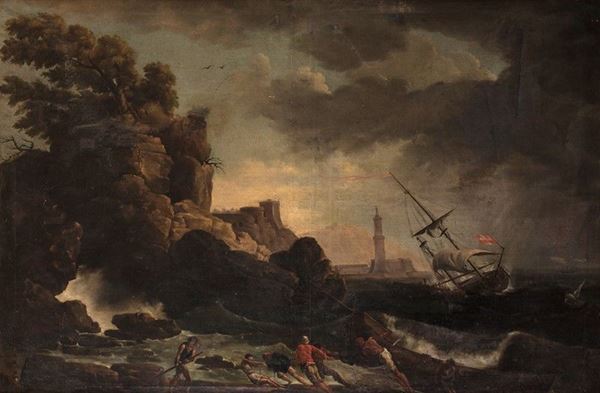 Scuola Italia Centrale, XVIII - XIX sec. - Landscape with lighthouse and sailing ship