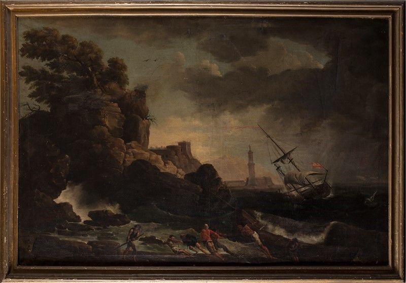 Scuola Italia Centrale, XVIII - XIX Sec. - Paesaggio con Faro e Veliero