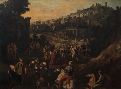 Paesaggio con Figure di Soldati e Città Arroccata sullo Sfondo
