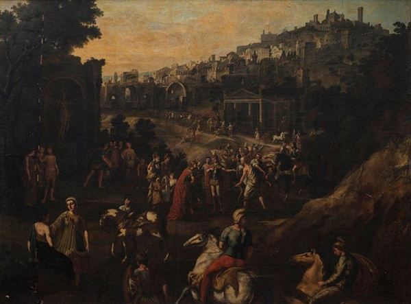 Scuola Italia Centrale, XVI - XVII sec. - Landscape with figures of soldiers and city perched in the background