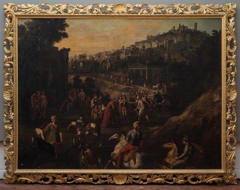 Scuola Italia Centrale, XVI - XVII Sec. - Paesaggio con Figure di Soldati e Città Arroccata sullo...