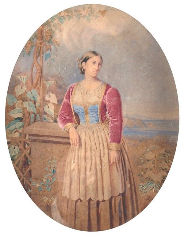 Floriano Pietrocola - Ritratto di giovane popolana con Golfo di Napoli sullo sfondo