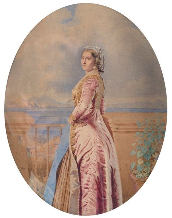 Floriano Pietrocola - Portrait of Maria Adelaide of Habsburg - Lorraine with the Gulf of Naples in the background