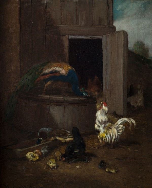 Scuola Europea, XIX sec. - Peacock, rooster and hens in the farmyard