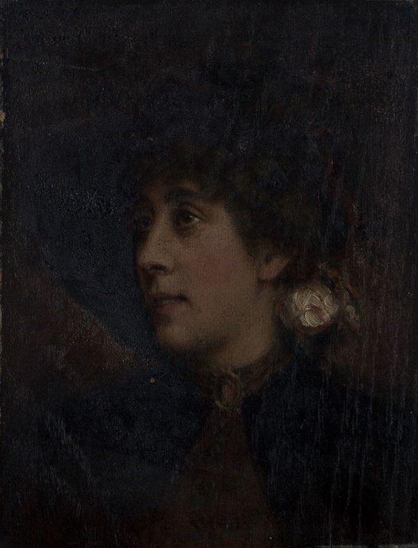 Scuola Francese, XIX - XX sec. - Ritratto di signora con rosa sul cappello