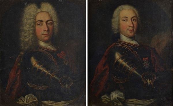 Scuola Francese, XVIII sec. - Coppia di ritratti di Cavalieri in armatura