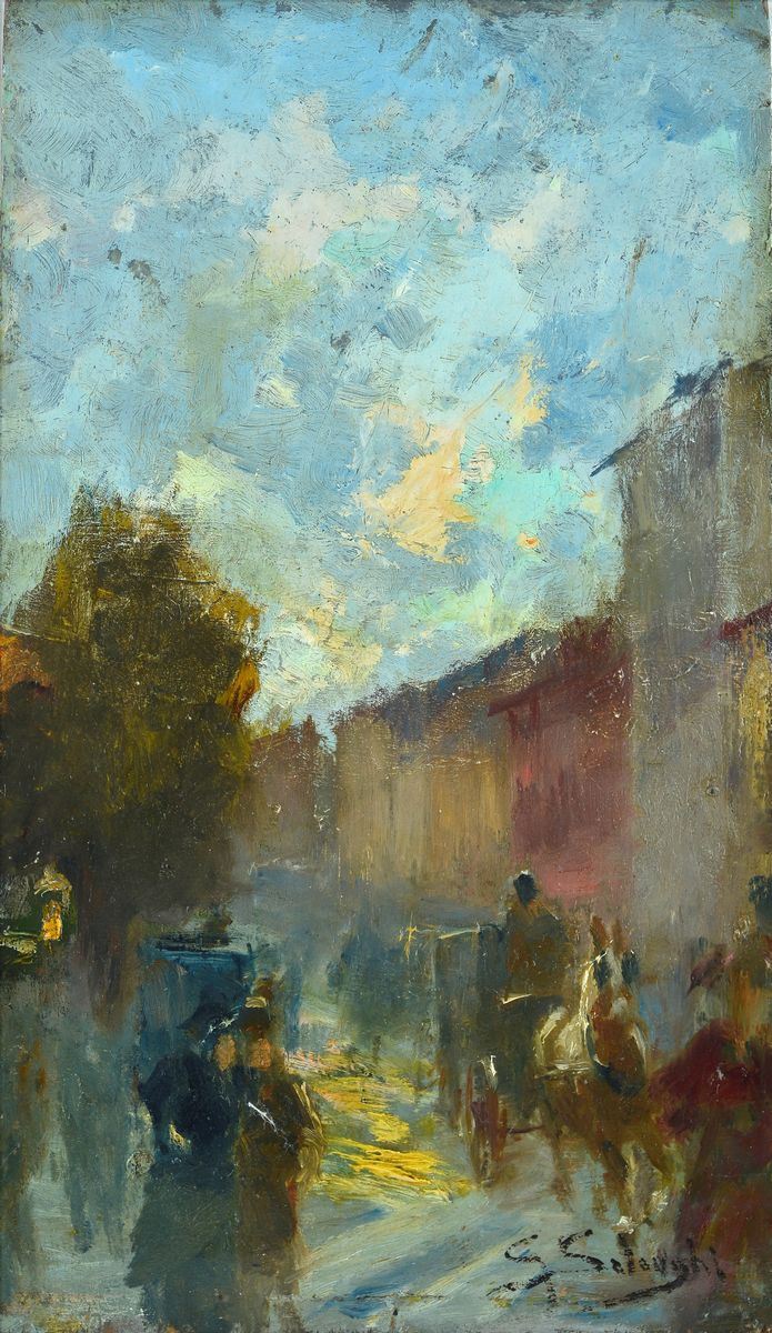 Giuseppe Solenghi - Strada con Carrozze e Figure