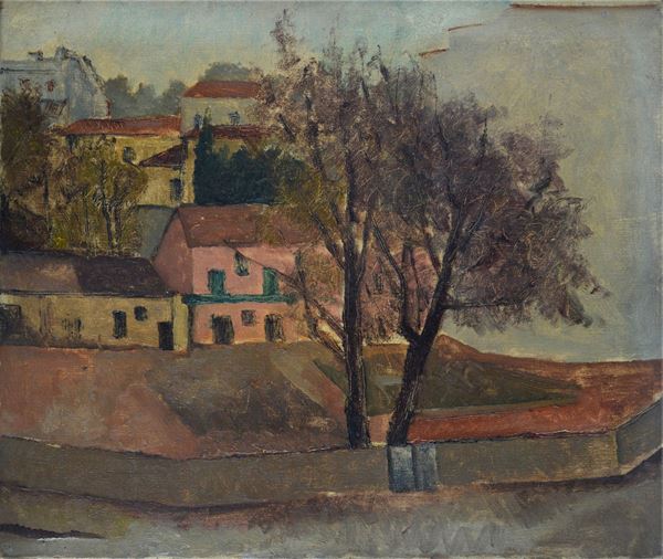 Anonimo, XX sec. : Paesaggio con case  - Olio su tela - Auction Da un Collezionista Lombardo - Galleria Pananti Casa d'Aste