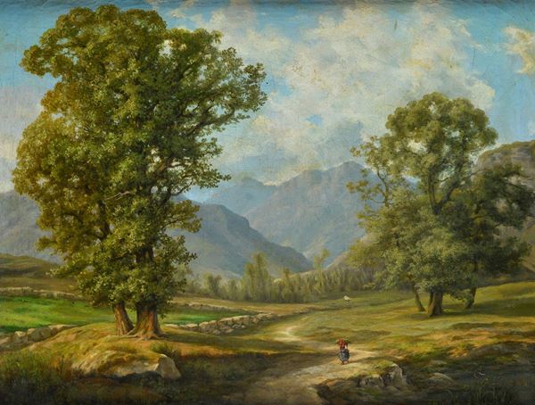 Anonimo, XIX sec. - Paesaggio montano con figura