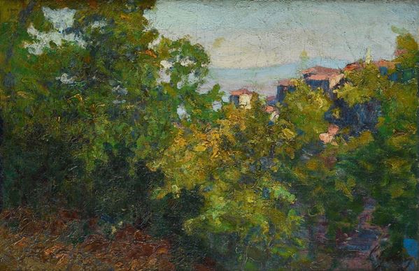 Emilio Gola - Bosco con case e marina sullo sfondo
