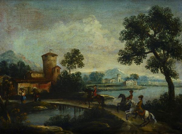 Anonimo, XIX sec. - Paesaggio con figure a cavallo