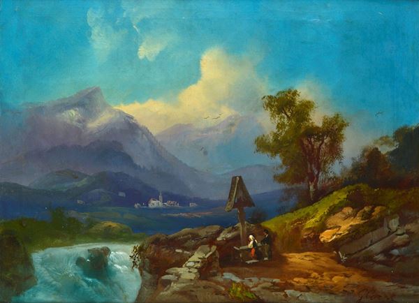 Anonimo, XIX sec. - Paesaggio con figure in preghiera