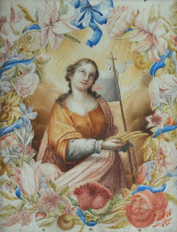Anonimo, XVIII sec. - Santa martire con cornice floreale