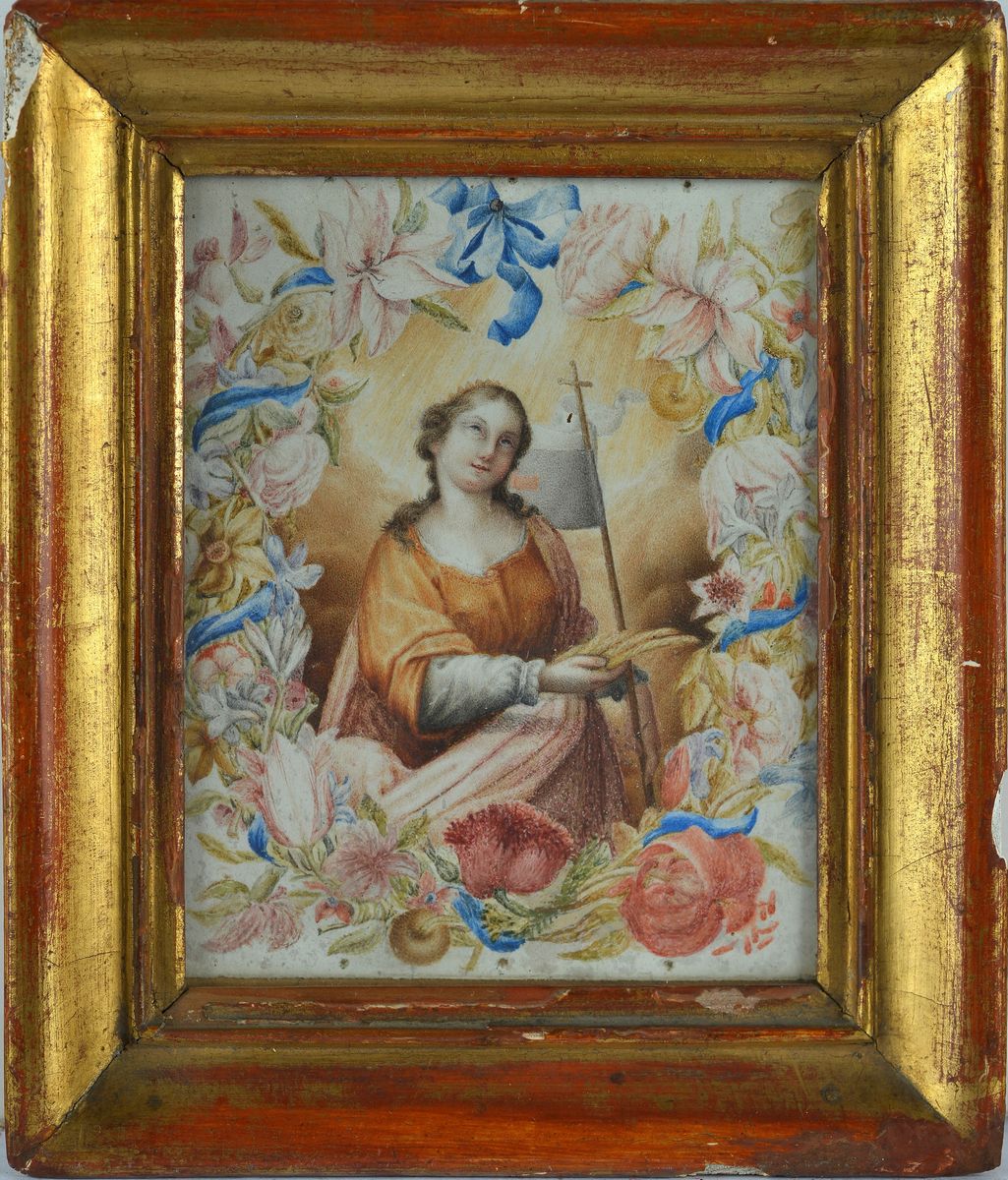 Anonimo, XVIII Sec. - Santa Martire con Cornice Floreale