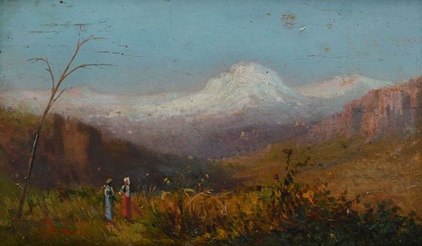 Anonimo, XIX sec. - Paesaggio con montagna sullo sfondo e figure