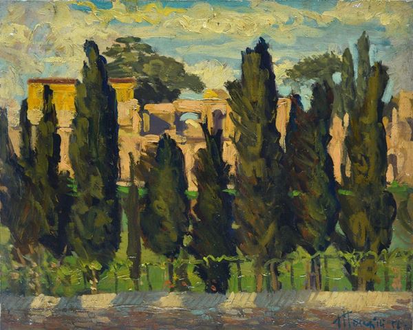 Anonimo, XX sec. - Paesaggio con cipressi e rovine