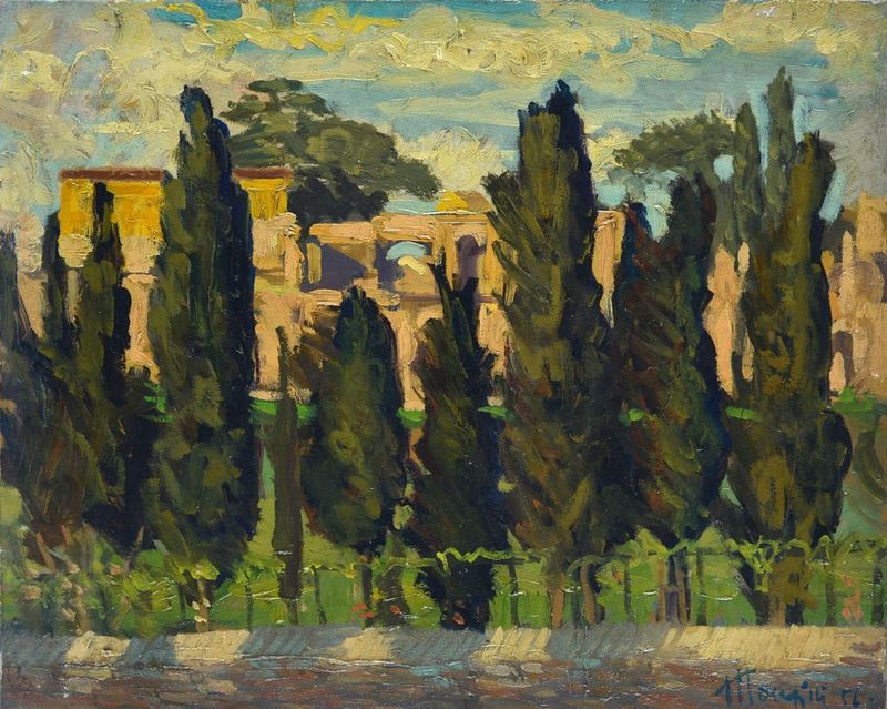 Anonimo, XX Sec. - Paesaggio con Cipressi e Rovine