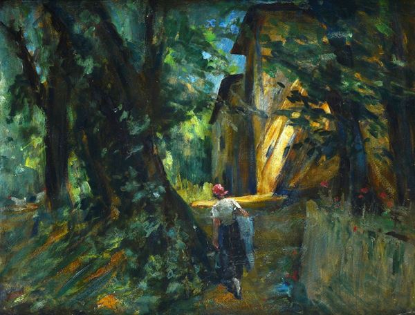 Emilio Gola - Paesaggio con contadina e casolare