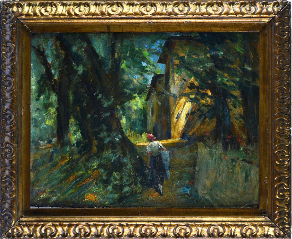 Emilio Gola - Paesaggio con Contadina e Casolare