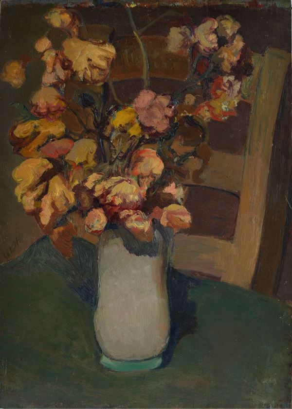 Anonimo, XX sec. - Vaso con fiori e sedia