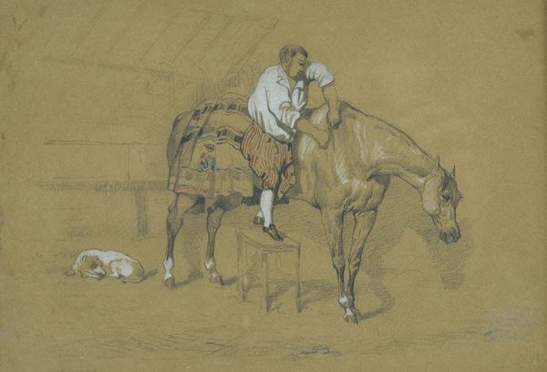 Anonimo, XIX sec. - Stalliere e cavallo