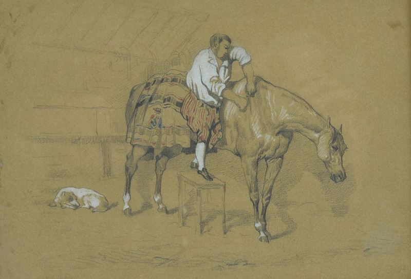 Anonimo, XIX Sec. - Stalliere e Cavallo