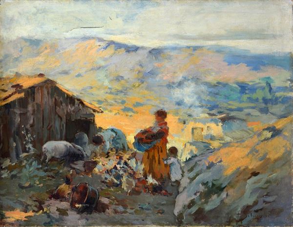 Anonimo, XX sec. - Paesaggio con ovile e figure