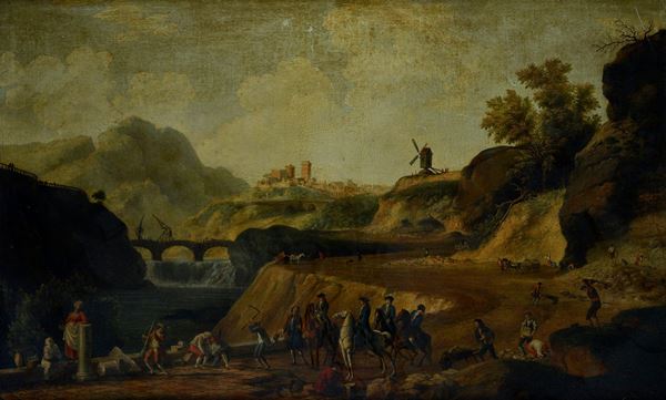 Scuola Europea, XVIII sec. - Paesaggio con figure