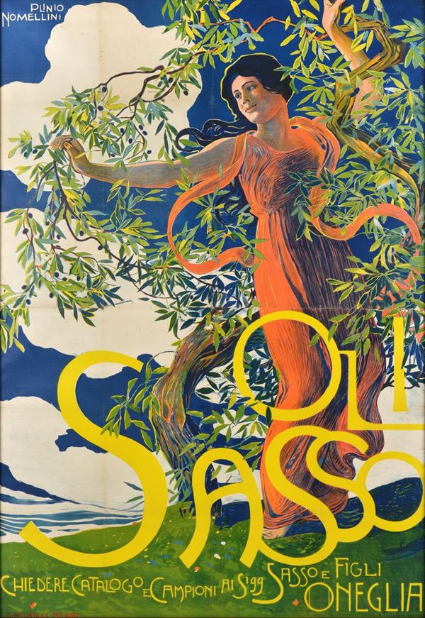 Plinio Nomellini : Manifesto pubblicitario Oli Sasso  (1910 ca.)  - Litografia a colori - Asta ANTIQUARIATO, AUTORI DEL XIX E XX SEC - I - Galleria Pananti Casa d'Aste