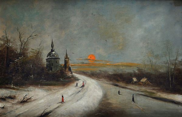 Anonimo, XX sec. - Paesaggio innevato al tramonto