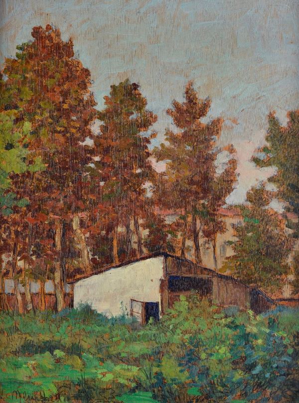 Mario Menichetti - Capanno nel giardino (fronte), Marina al tramonto (verso)