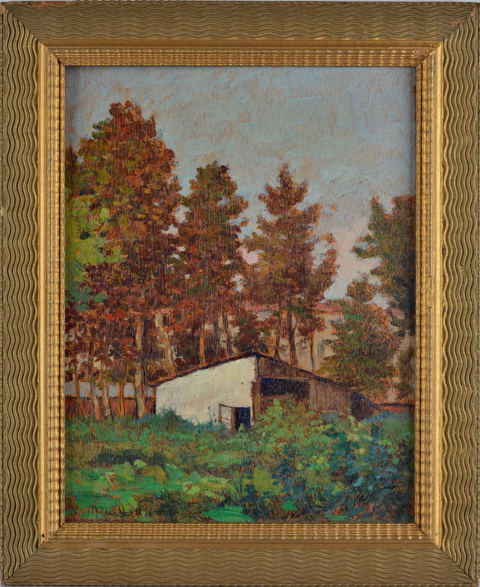 Mario Menichetti - Capanno nel Giardino (fronte), Marina al Tramonto (verso)