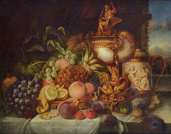 Anonimo, XIX sec. - Still Life with Fruit and Riser and Jug