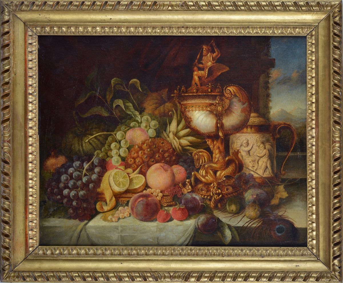 Anonimo, XIX Sec. - Natura Morta con Frutta, Alzata e Brocca